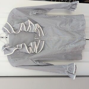 Anne Fontaine Navy and White Ruffle Blouse